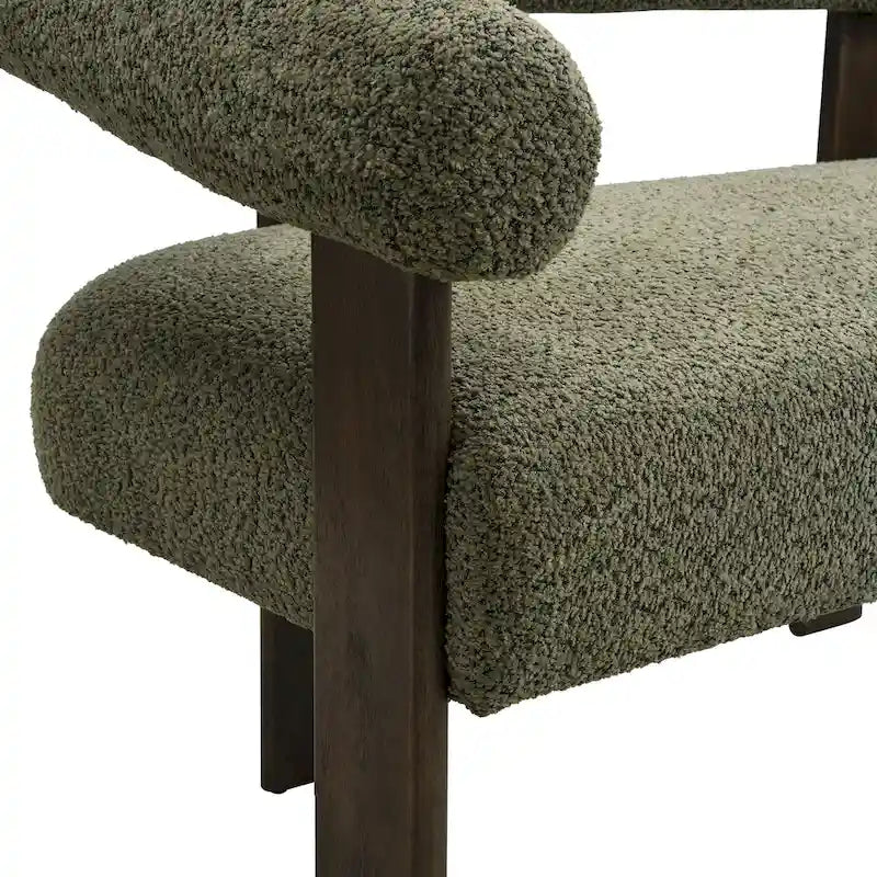 Sofá biplaza tapizado verde y marrón con estructura de madera de caucho