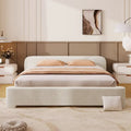 Cama de plataforma tapizada en bouclé, moderna estructura de cama de madera tamaño queen con cabecero para dormitorio, no requiere somier.