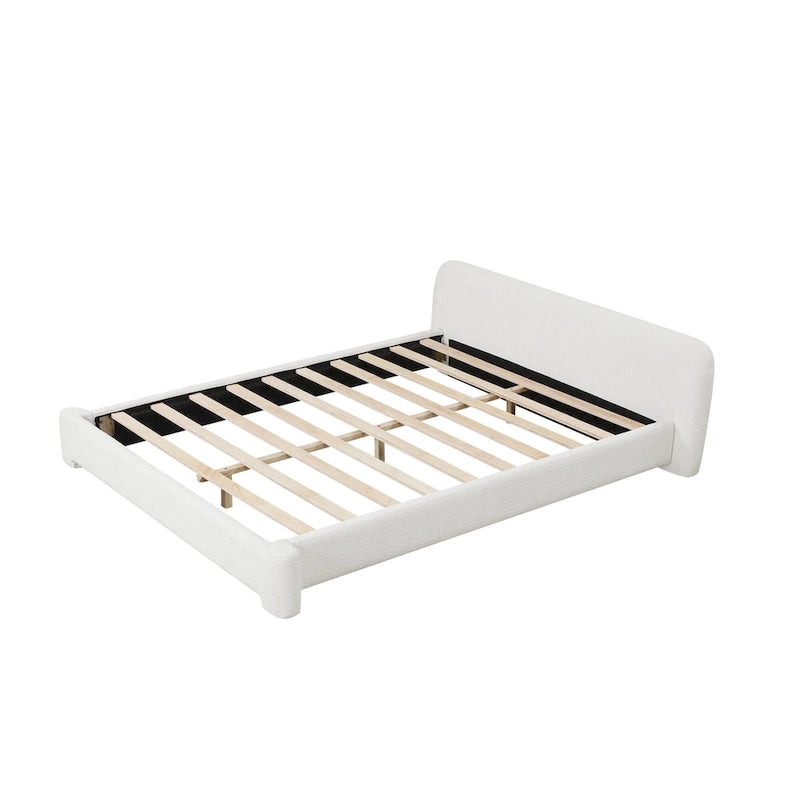 Cama de plataforma tapizada en bouclé, moderna estructura de cama de madera tamaño queen con cabecero para dormitorio, no requiere somier.