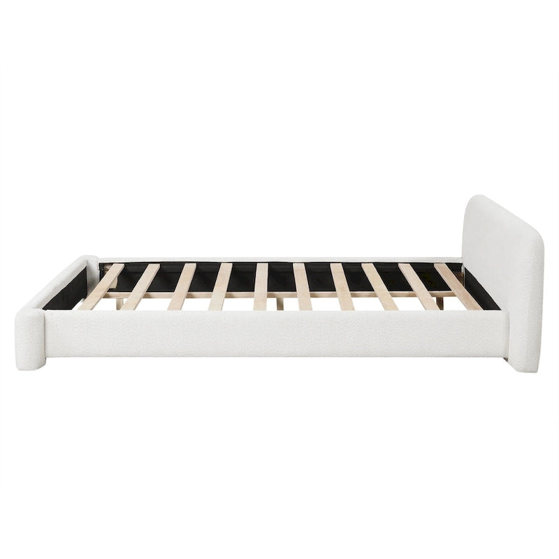 Cama de plataforma tapizada en bouclé, moderna estructura de cama de madera tamaño queen con cabecero para dormitorio, no requiere somier.