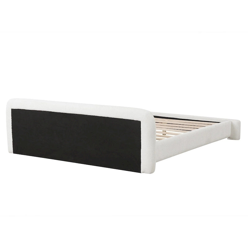 Cama de plataforma tapizada en bouclé, moderna estructura de cama de madera tamaño queen con cabecero para dormitorio, no requiere somier.