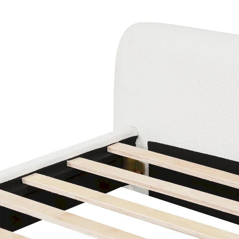 Cama de plataforma tapizada en bouclé, moderna estructura de cama de madera tamaño queen con cabecero para dormitorio, no requiere somier.