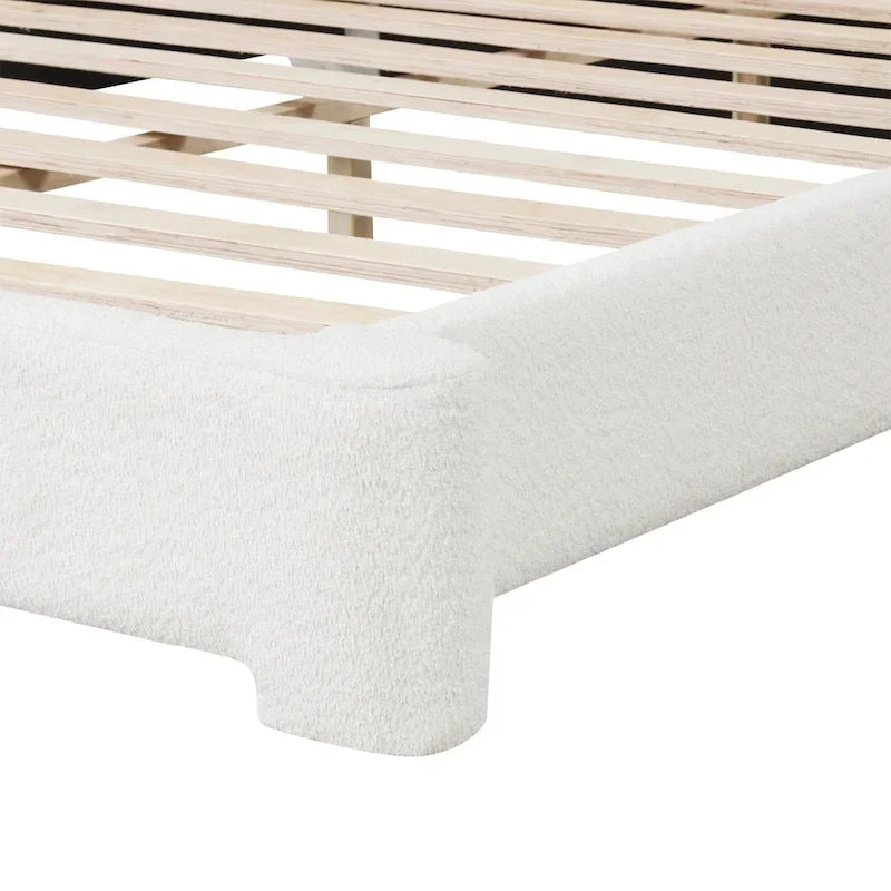 Cama de plataforma tapizada en bouclé, moderna estructura de cama de madera tamaño queen con cabecero para dormitorio, no requiere somier.