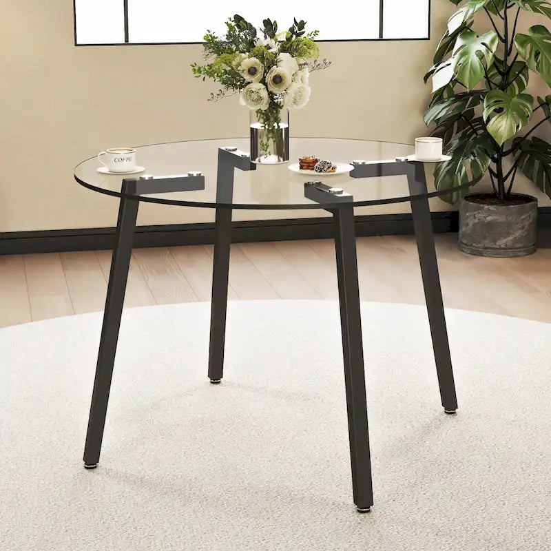 Mesa de comedor de cristal templado negro/transparente/dorado – Cuadrada, 4 plazas