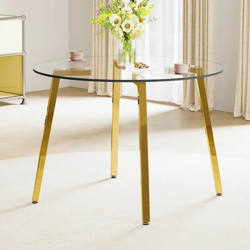 Mesa de comedor de cristal templado negro/transparente/dorado – Cuadrada, 4 plazas