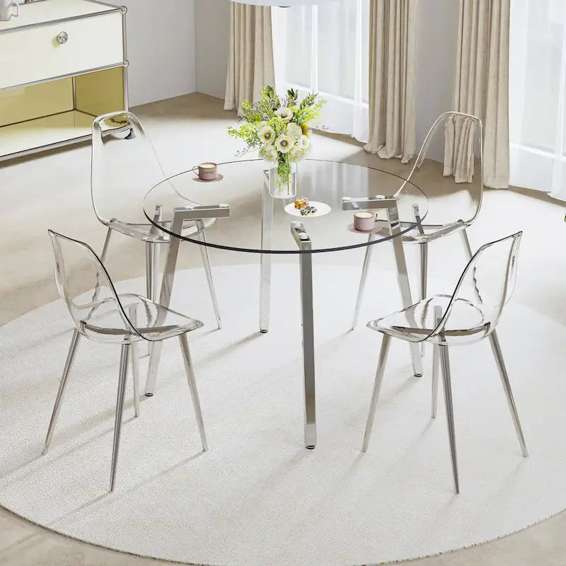 Mesa de comedor de cristal templado negro/transparente/dorado – Cuadrada, 4 plazas