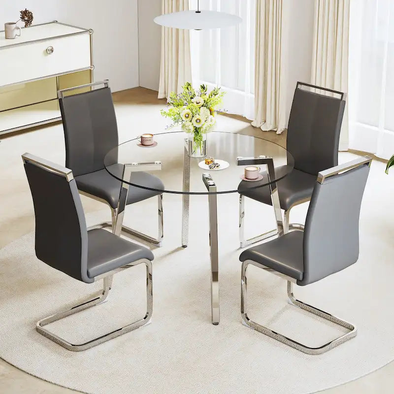 Mesa de comedor de cristal templado negro/transparente/dorado – Cuadrada, 4 plazas