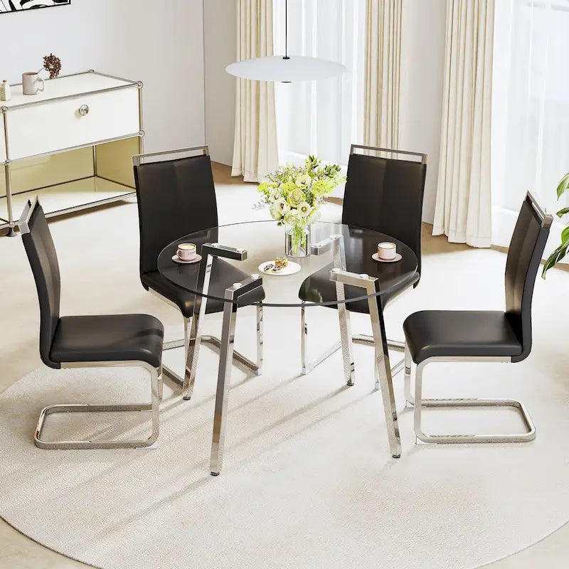 Mesa de comedor de cristal templado negro/transparente/dorado – Cuadrada, 4 plazas