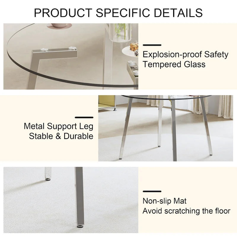 Mesa de comedor de cristal templado negro/transparente/dorado – Cuadrada, 4 plazas