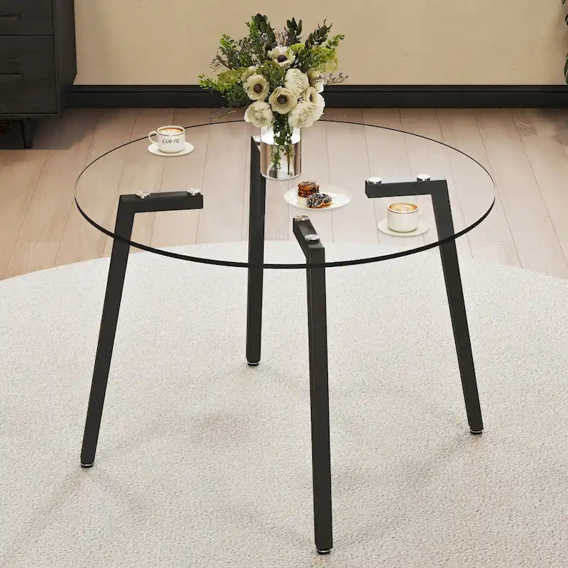 Mesa de comedor de cristal templado negro/transparente/dorado – Cuadrada, 4 plazas