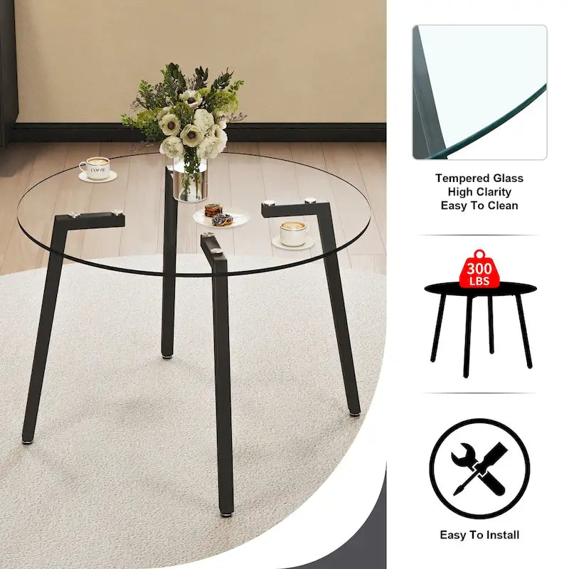 Mesa de comedor de cristal templado negro/transparente/dorado – Cuadrada, 4 plazas