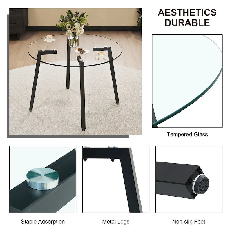 Mesa de comedor de cristal templado negro/transparente/dorado – Cuadrada, 4 plazas