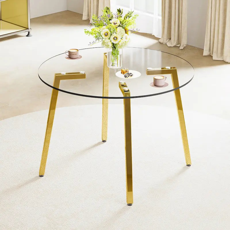Mesa de comedor de cristal templado negro/transparente/dorado – Cuadrada, 4 plazas