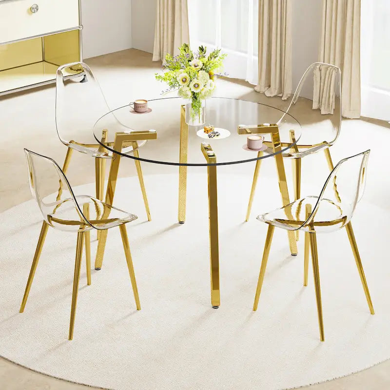 Mesa de comedor de cristal templado negro/transparente/dorado – Cuadrada, 4 plazas