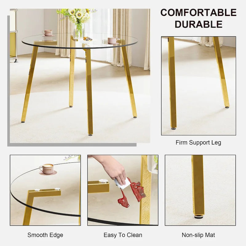 Mesa de comedor de cristal templado negro/transparente/dorado – Cuadrada, 4 plazas