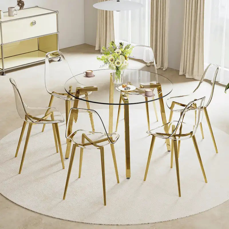 Mesa de comedor de cristal templado negro/transparente/dorado – Cuadrada, 4 plazas