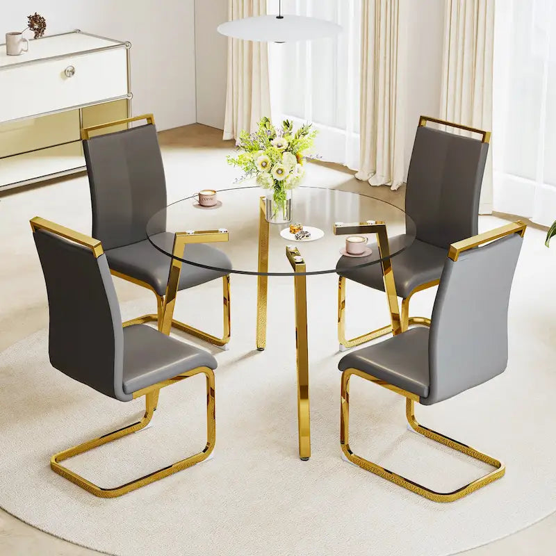 Mesa de comedor de cristal templado negro/transparente/dorado – Cuadrada, 4 plazas