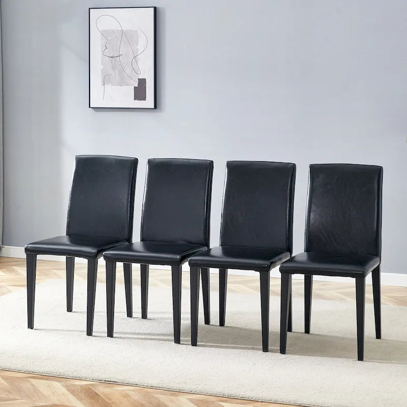 Silla de Comedor Negra sin Brazos, Juego de 4, Asiento de Cuero PU, Patas Metálicas