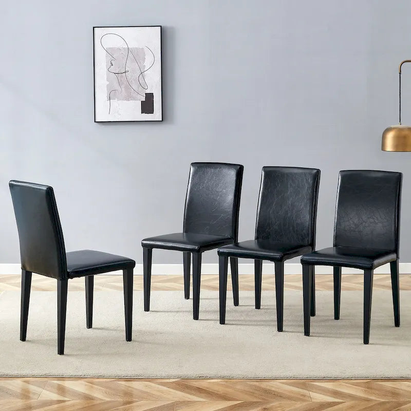 Silla de Comedor Negra sin Brazos, Juego de 4, Asiento de Cuero PU, Patas Metálicas