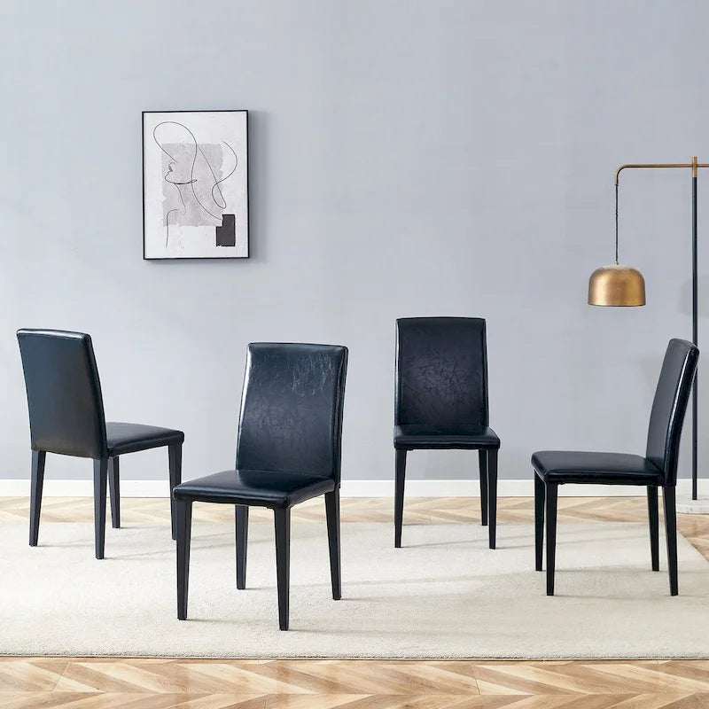 Silla de Comedor Negra sin Brazos, Juego de 4, Asiento de Cuero PU, Patas Metálicas
