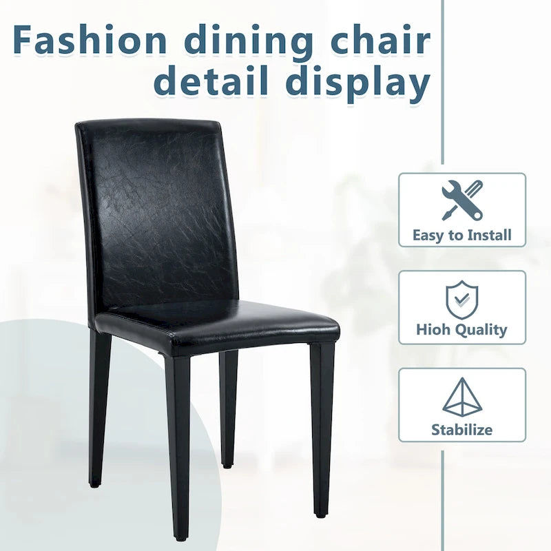 Silla de Comedor Negra sin Brazos, Juego de 4, Asiento de Cuero PU, Patas Metálicas