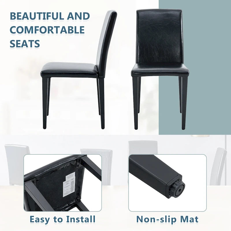 Silla de Comedor Negra sin Brazos, Juego de 4, Asiento de Cuero PU, Patas Metálicas