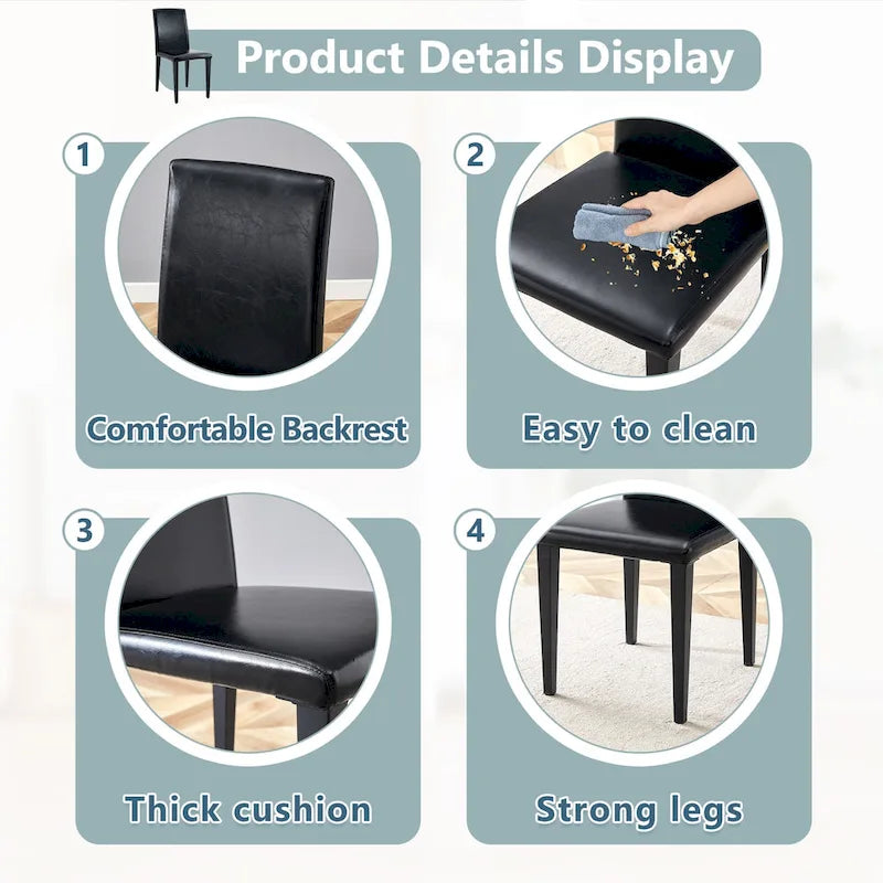 Silla de Comedor Negra sin Brazos, Juego de 4, Asiento de Cuero PU, Patas Metálicas