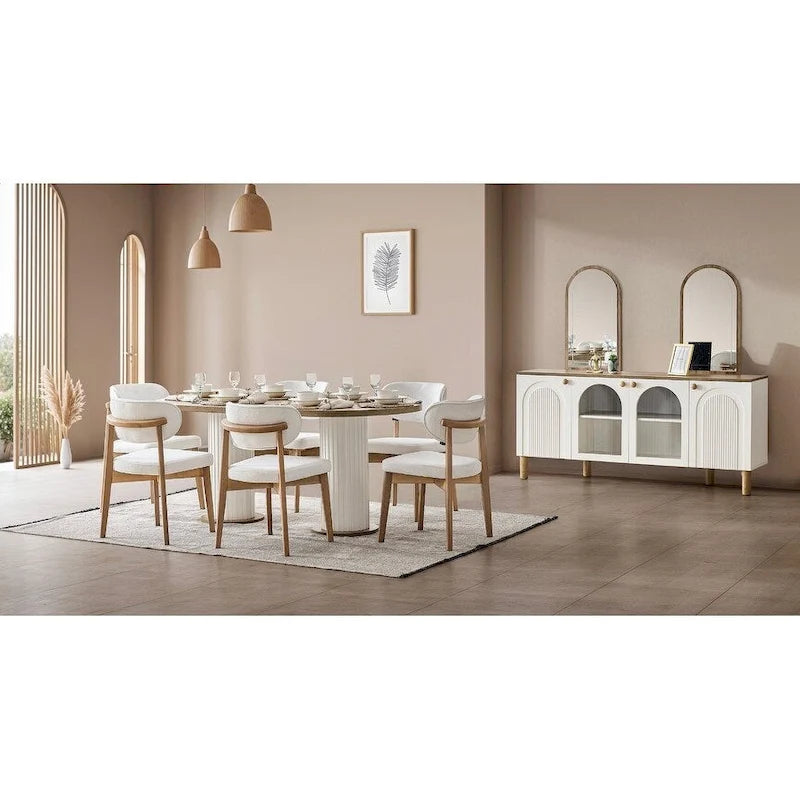 Juego de mesa de comedor ovalada Blin de 8 piezas, 6 sillas de comedor con patas de madera y aparador de 72 pulgadas con espejo