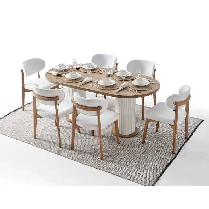 Juego de mesa de comedor ovalada Blin de 8 piezas, 6 sillas de comedor con patas de madera y aparador de 72 pulgadas con espejo