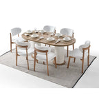 Juego de mesa de comedor ovalada Blin de 8 piezas, 6 sillas de comedor con patas de madera y aparador de 72 pulgadas con espejo