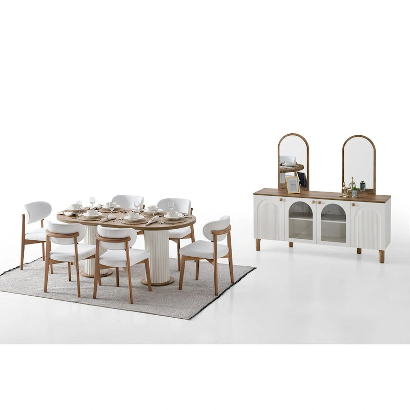 Juego de mesa de comedor ovalada Blin de 8 piezas, 6 sillas de comedor con patas de madera y aparador de 72 pulgadas con espejo