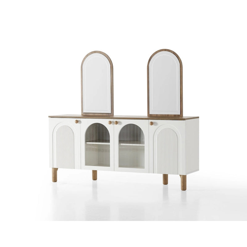 Juego de mesa de comedor ovalada Blin de 8 piezas, 6 sillas de comedor con patas de madera y aparador de 72 pulgadas con espejo