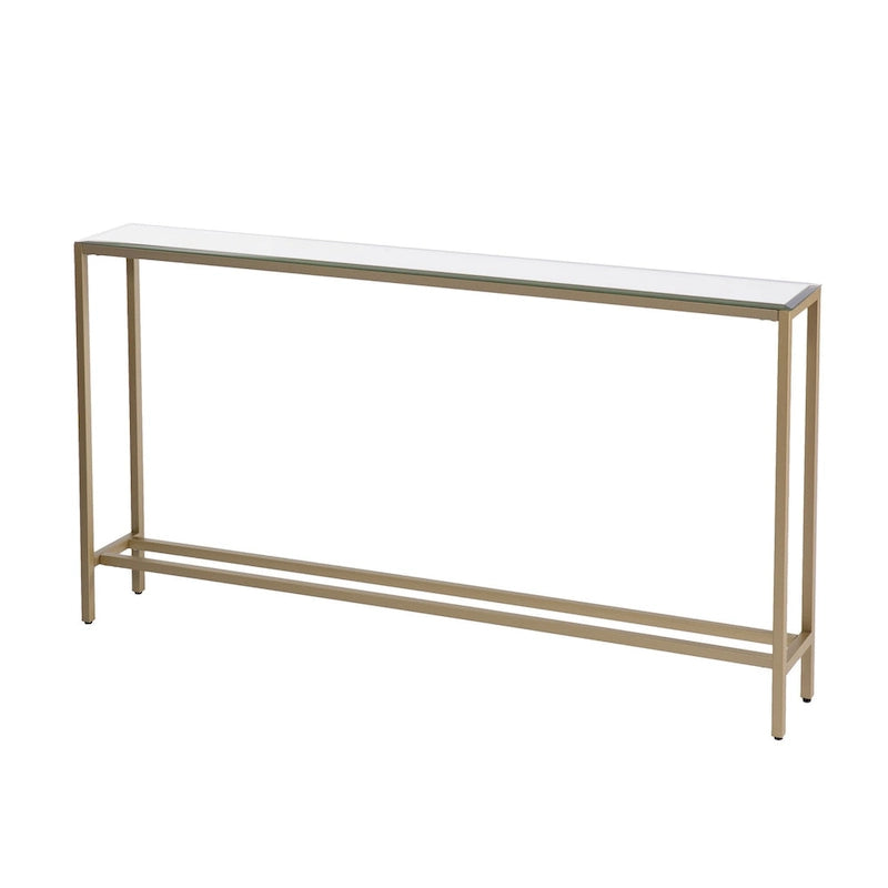 Mesa consola de cristal con espejo plateado, patas de metal dorado y estilo moderno - 56 L x 8 W x 30 H
