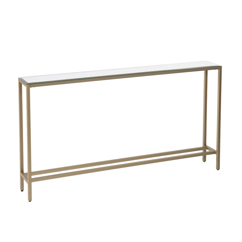 Mesa consola de cristal con espejo plateado, patas de metal dorado y estilo moderno - 56 L x 8 W x 30 H