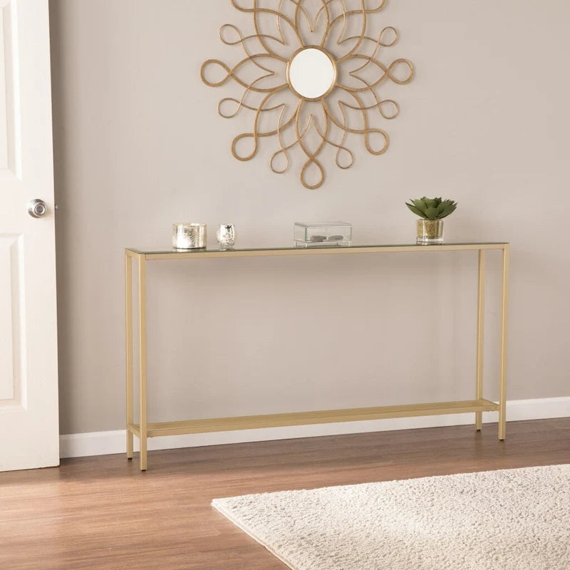 Mesa consola de cristal con espejo plateado, patas de metal dorado y estilo moderno - 56 L x 8 W x 30 H