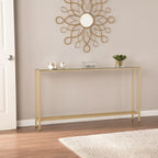 Mesa consola de cristal con espejo plateado, patas de metal dorado y estilo moderno - 56 L x 8 W x 30 H