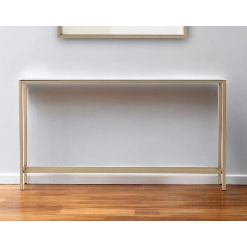 Mesa consola de cristal con espejo plateado, patas de metal dorado y estilo moderno - 56 L x 8 W x 30 H