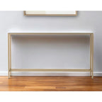 Mesa consola de cristal con espejo plateado, patas de metal dorado y estilo moderno - 56 L x 8 W x 30 H