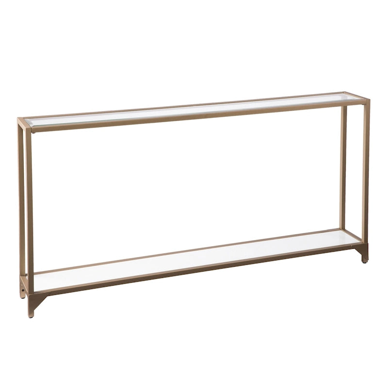 Mesa consola de espejo y cristal con marco de metal y estante - 56 L x 8 An x 29 Al