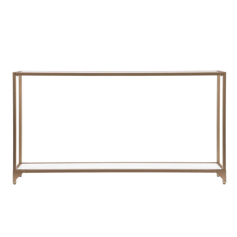 Mesa consola de espejo y cristal con marco de metal y estante - 56 L x 8 An x 29 Al