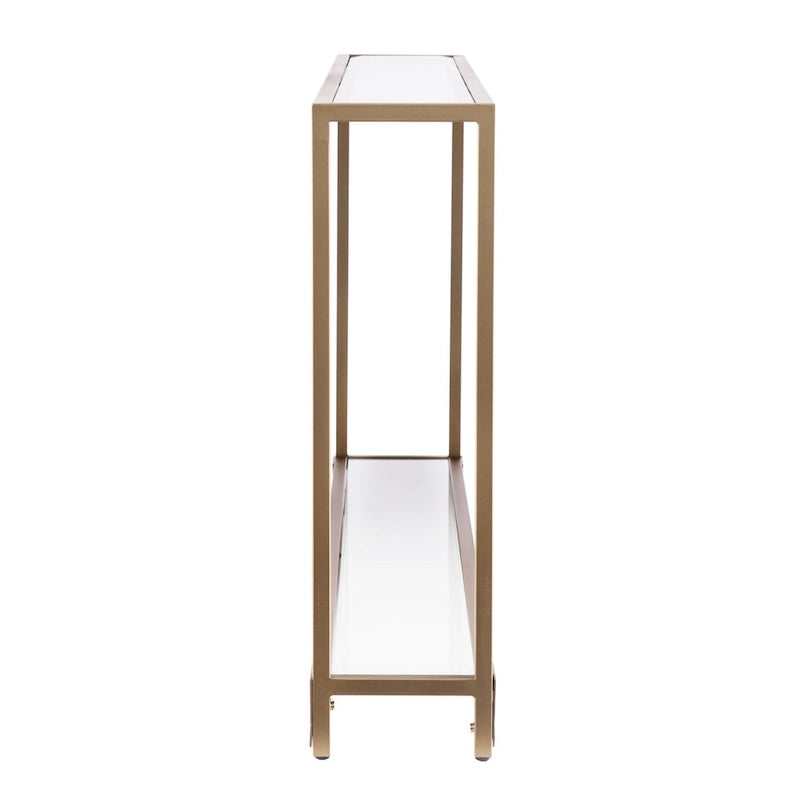Mesa consola de espejo y cristal con marco de metal y estante - 56 L x 8 An x 29 Al