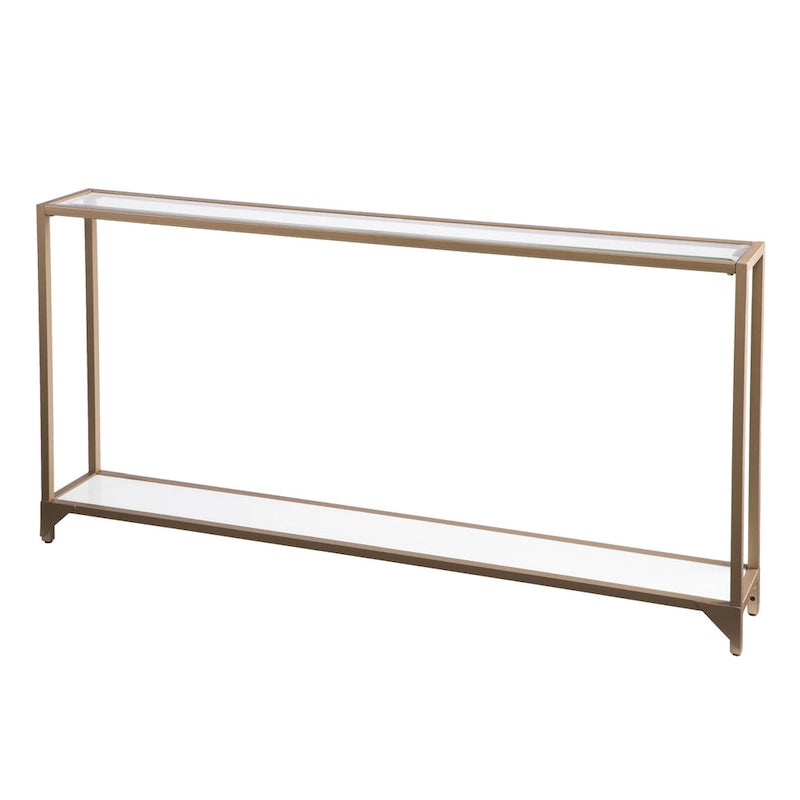 Mesa consola de espejo y cristal con marco de metal y estante - 56 L x 8 An x 29 Al