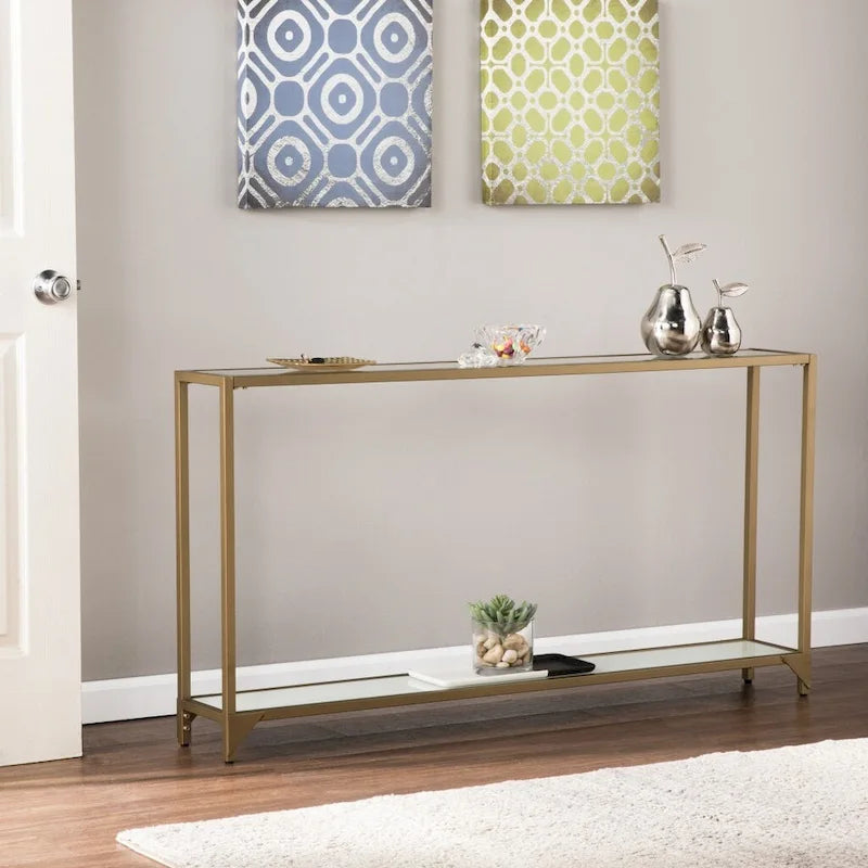 Mesa consola de espejo y cristal con marco de metal y estante - 56 L x 8 An x 29 Al
