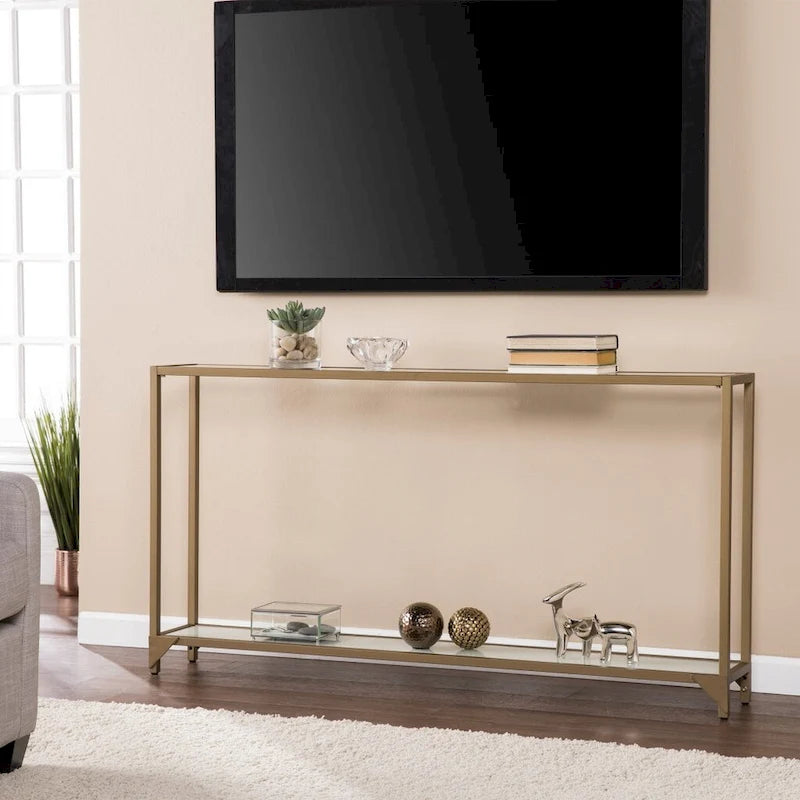 Mesa consola de espejo y cristal con marco de metal y estante - 56 L x 8 An x 29 Al