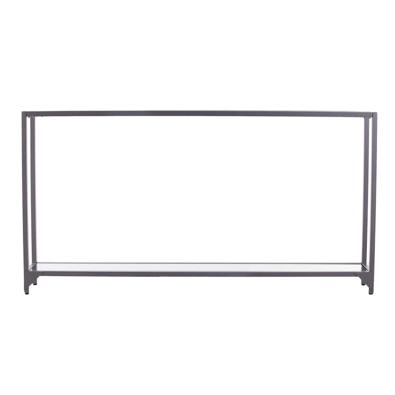 Mesa consola de espejo y cristal con marco de metal y estante - 56 L x 8 An x 29 Al