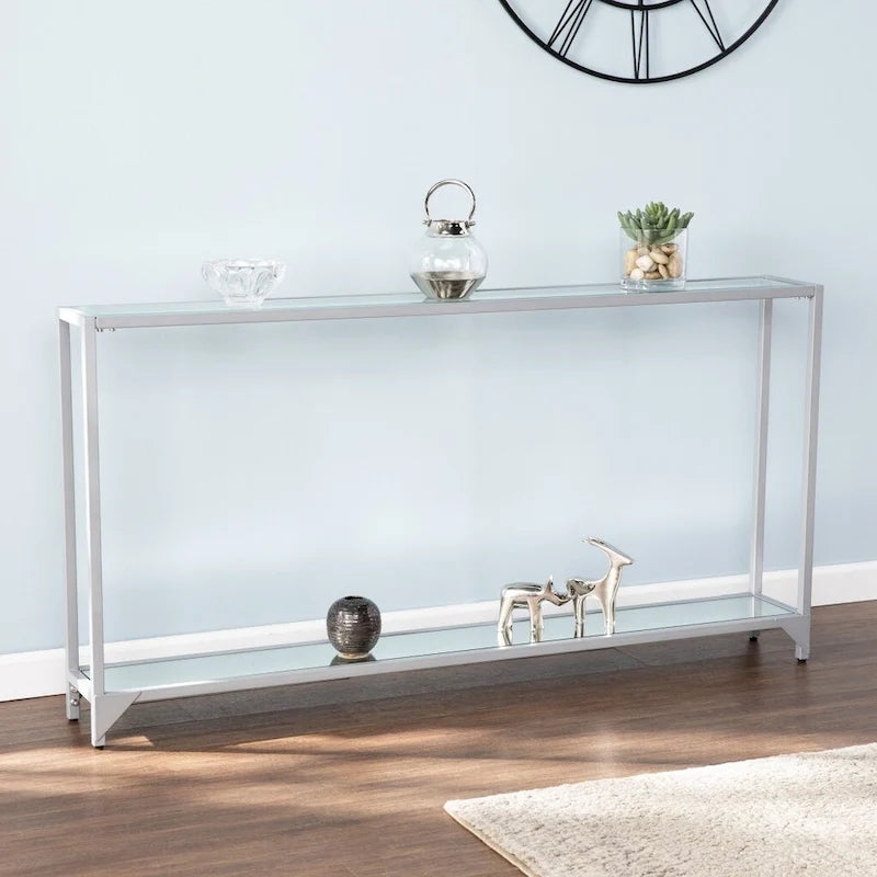 Mesa consola de espejo y cristal con marco de metal y estante - 56 L x 8 An x 29 Al