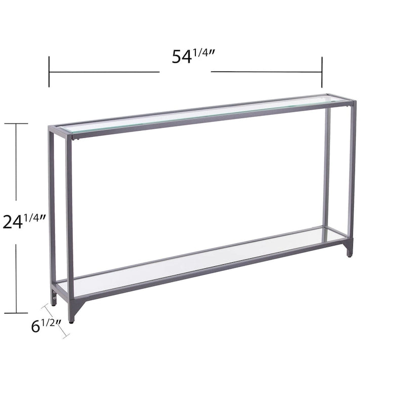 Mesa consola de espejo y cristal con marco de metal y estante - 56 L x 8 An x 29 Al
