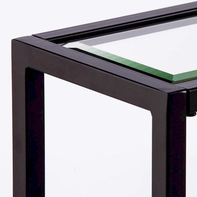 Mesa consola de espejo y cristal con marco de metal y estante - 56 L x 8 An x 29 Al