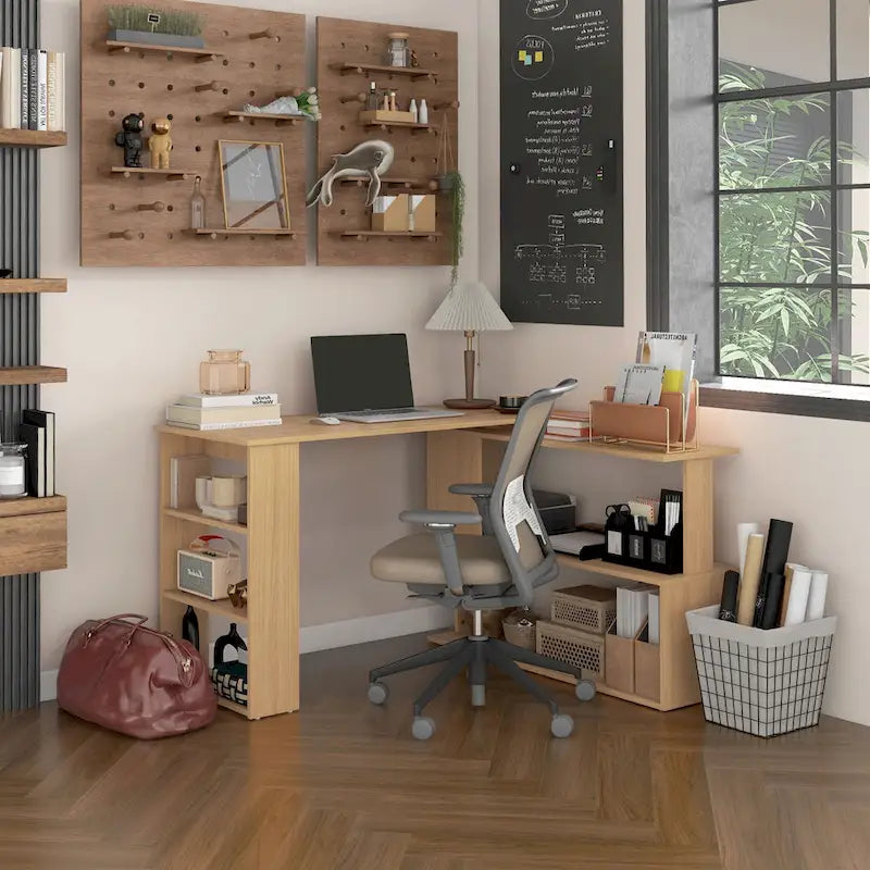 Escritorio esquinero en forma de L, escritorio giratorio 360 grados para oficina en casa con estantes de almacenamiento, estación de trabajo con mesa de escritura