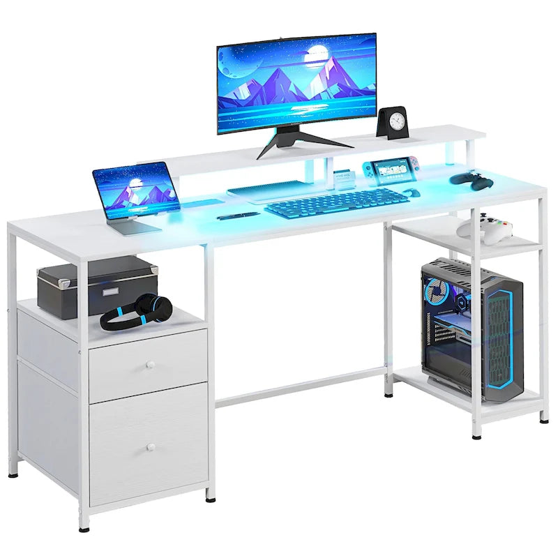 Escritorio esquinero en forma de L, escritorio giratorio 360 grados para oficina en casa con estantes de almacenamiento, estación de trabajo con mesa de escritura